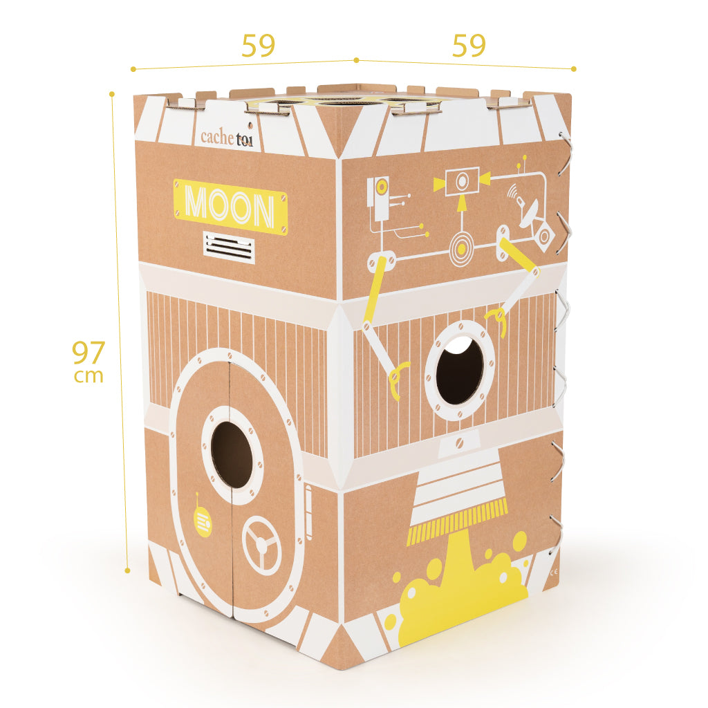 Jouet cabane en carton pour enfant pliable et ludique fabriquée en France (thème Capsule spatiale).