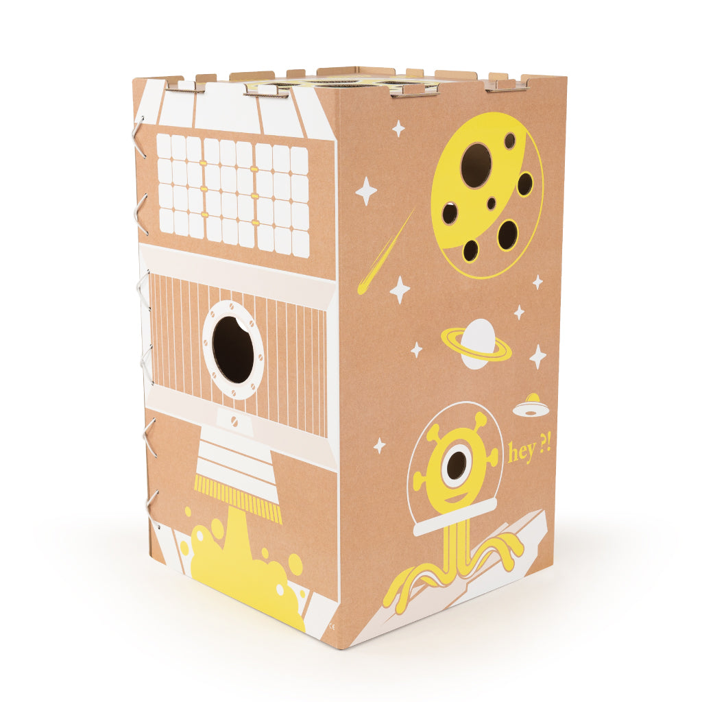 Jouet cabane en carton pour enfant pliable et ludique fabriquée en France (thème Capsule spatiale).