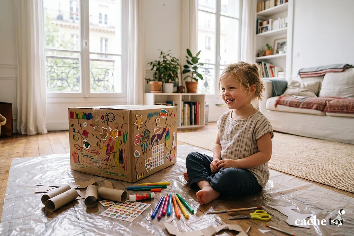 Petite fille décorant une boîte en carton avec des feutres et gommettes pour des activités créatives enfants.