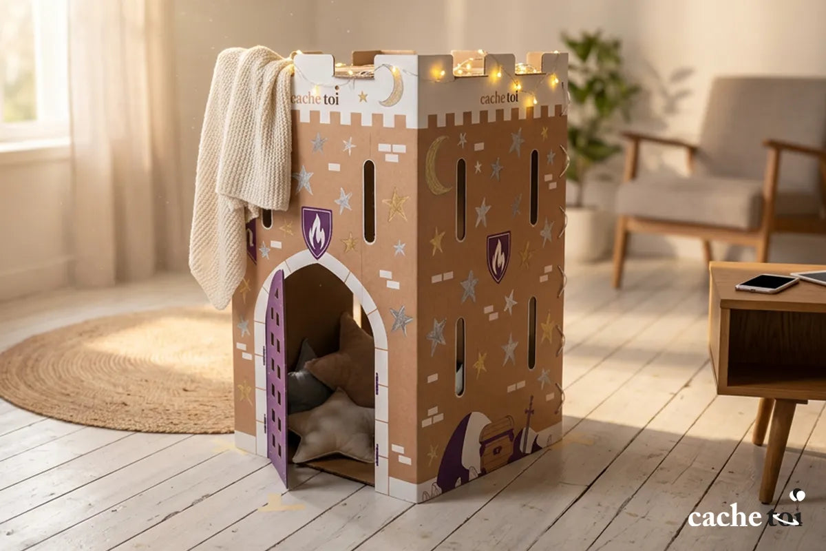 Cabane en carton décorée dans un salon ensoleillé, avec des écrans éteints en arrière-plan, illustrant le jeu libre sans écrans.