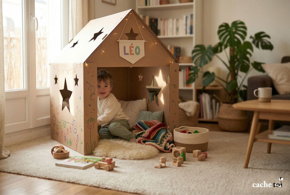 Enfant jouant dans une cabane en carton cache-toi personnalisée avec des dessins, créant un espace de jeu libre et un refuge sensoriel dans un salon chaleureux.