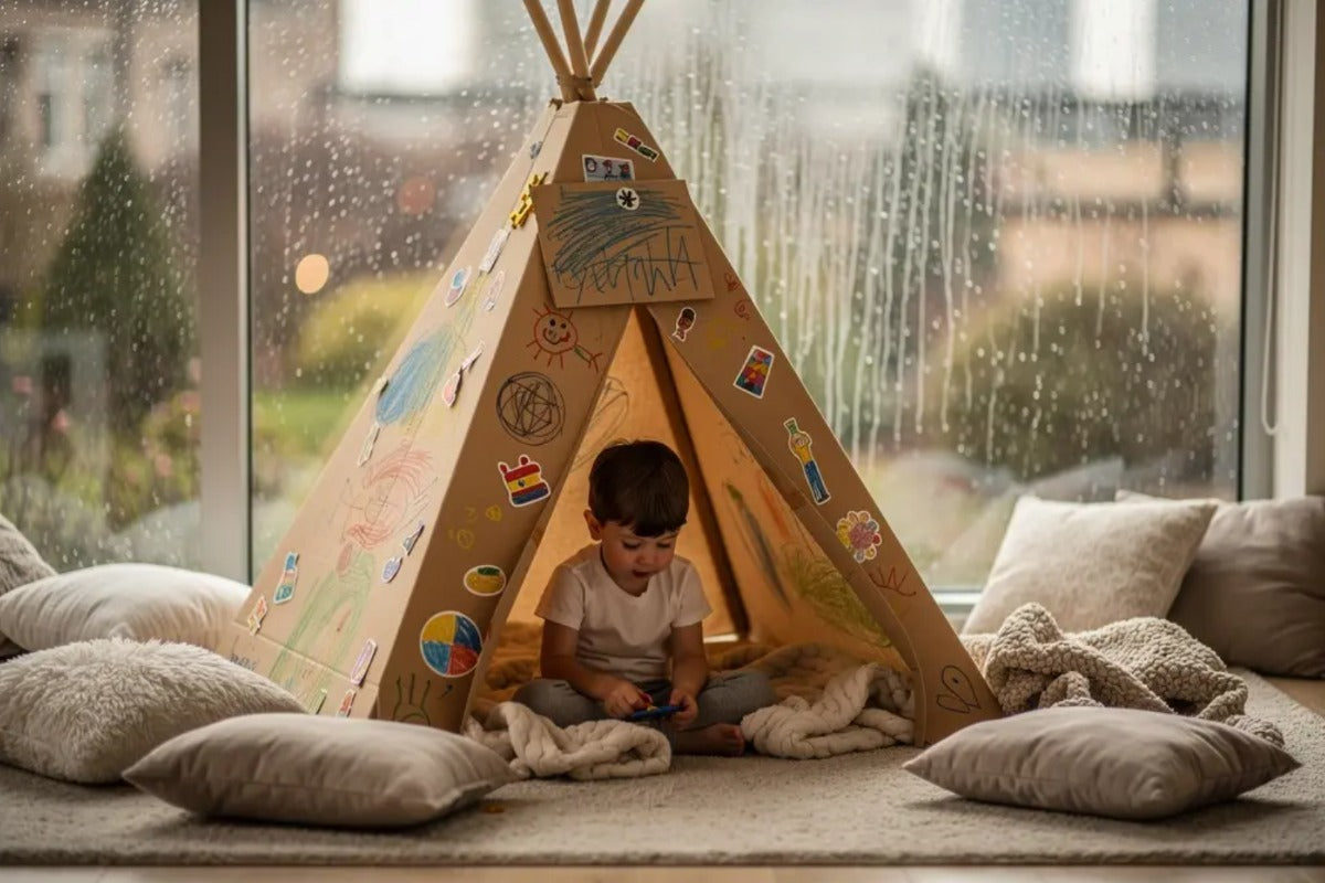 Enfant jouant à l’intérieur d’une cabane en carton à la maison, espace de jeu favorisant l’imaginaire dès le plus jeune âge.