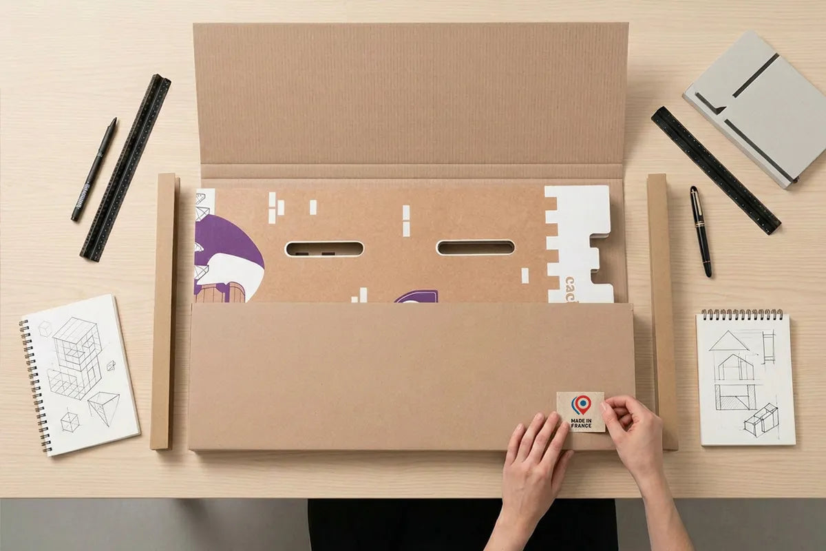 Vue de dessus d'un emballage technique de cabane enfant pliable cache-toi (100x65 cm) sur un bureau de designer avec un label Made in France en cours de pose.