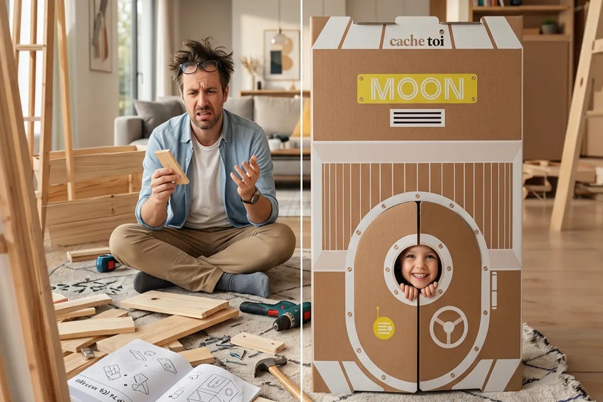 Image comparative montrant la difficulté de montage d'une cabane en bois à gauche et la simplicité d'une cabane en carton MOON Cache-Toi prête à l'emploi à droite.