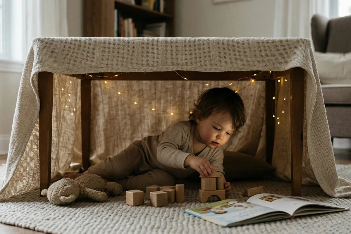 Jeune enfant jouant avec des blocs en bois sous une cabane de table illuminée par des guirlandes lumineuses, créant un refuge chaleureux et sécurisant.