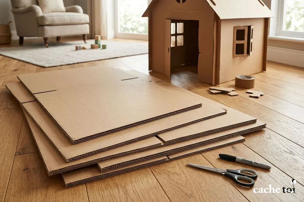 Planches en carton double cannelure haute densité pour la construction d'une cabane enfant.