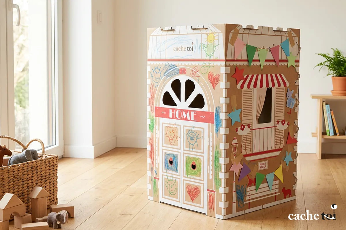 Gros plan sur une cabane en carton cache-toi décorée par des enfants dans une chambre lumineuse, illustrant l'éveil par le jeu libre.