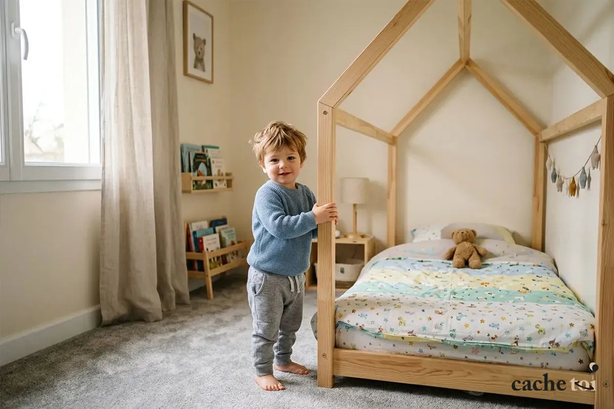 Jeune enfant debout à côté de son nouveau lit cabane en bois clair pour une transition réussie après le lit à barreaux.