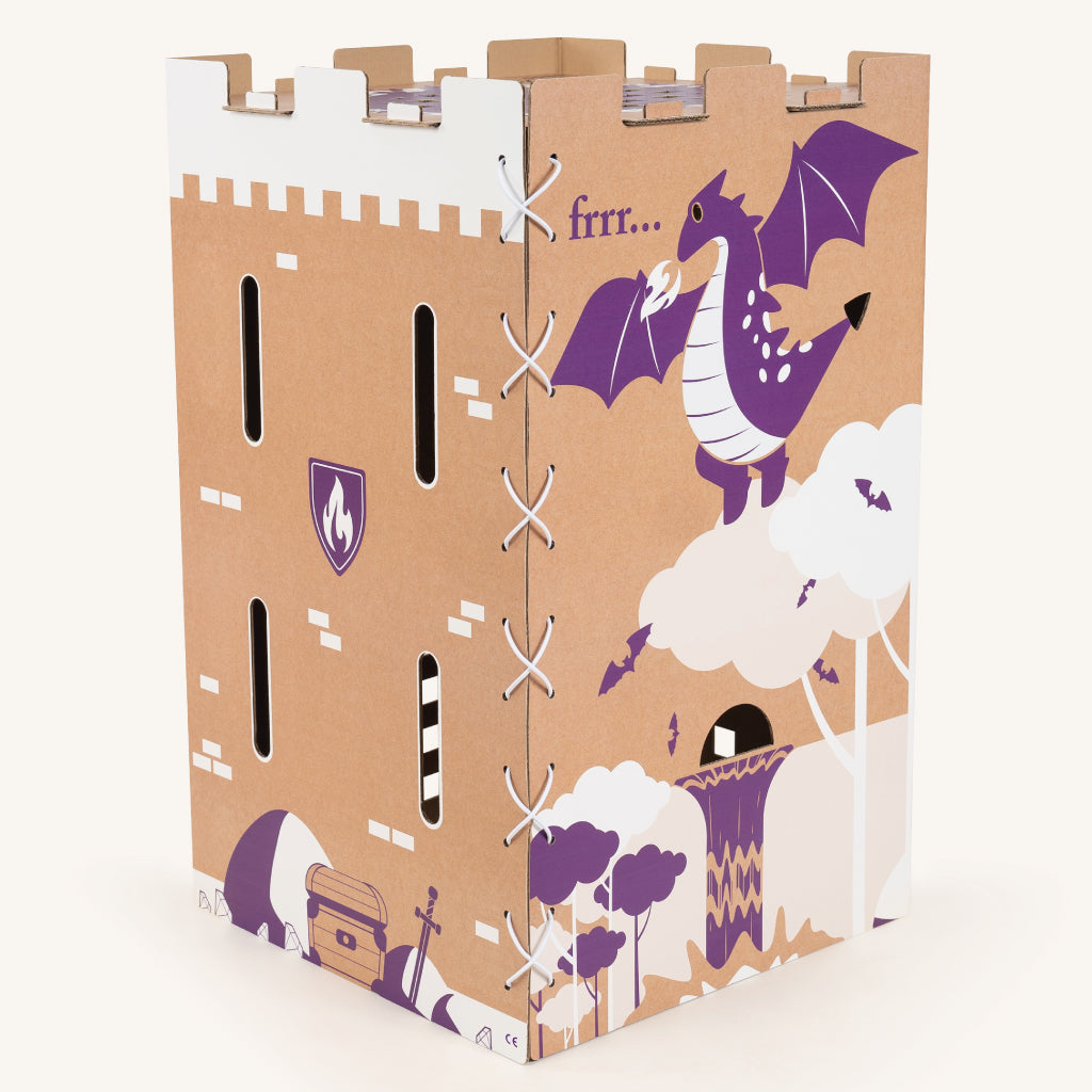 Vue de dos du château fort en carton pour enfant Donjon cache-toi, avec illustration de dragon violet.