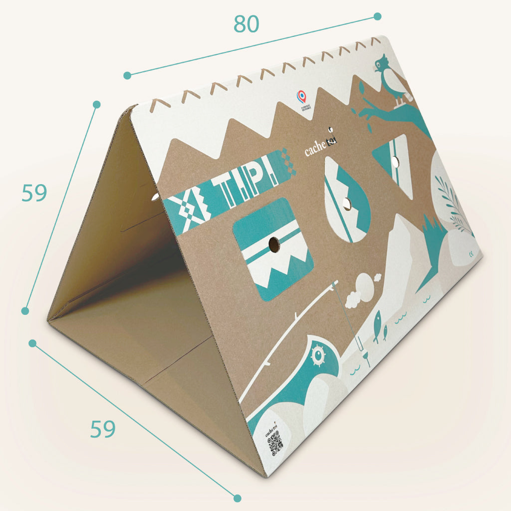 Dimensions de la tente tipi en carton cache-toi : 80 cm de largeur, 59 cm de profondeur et 59 cm de hauteur.