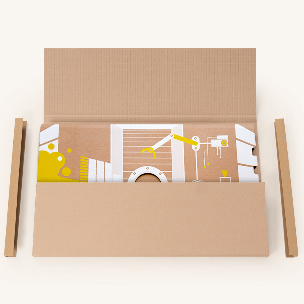 Cabane fusée en carton pliable Moon cache-toi repliée à plat et rangée dans son emballage carton compact ouvert.