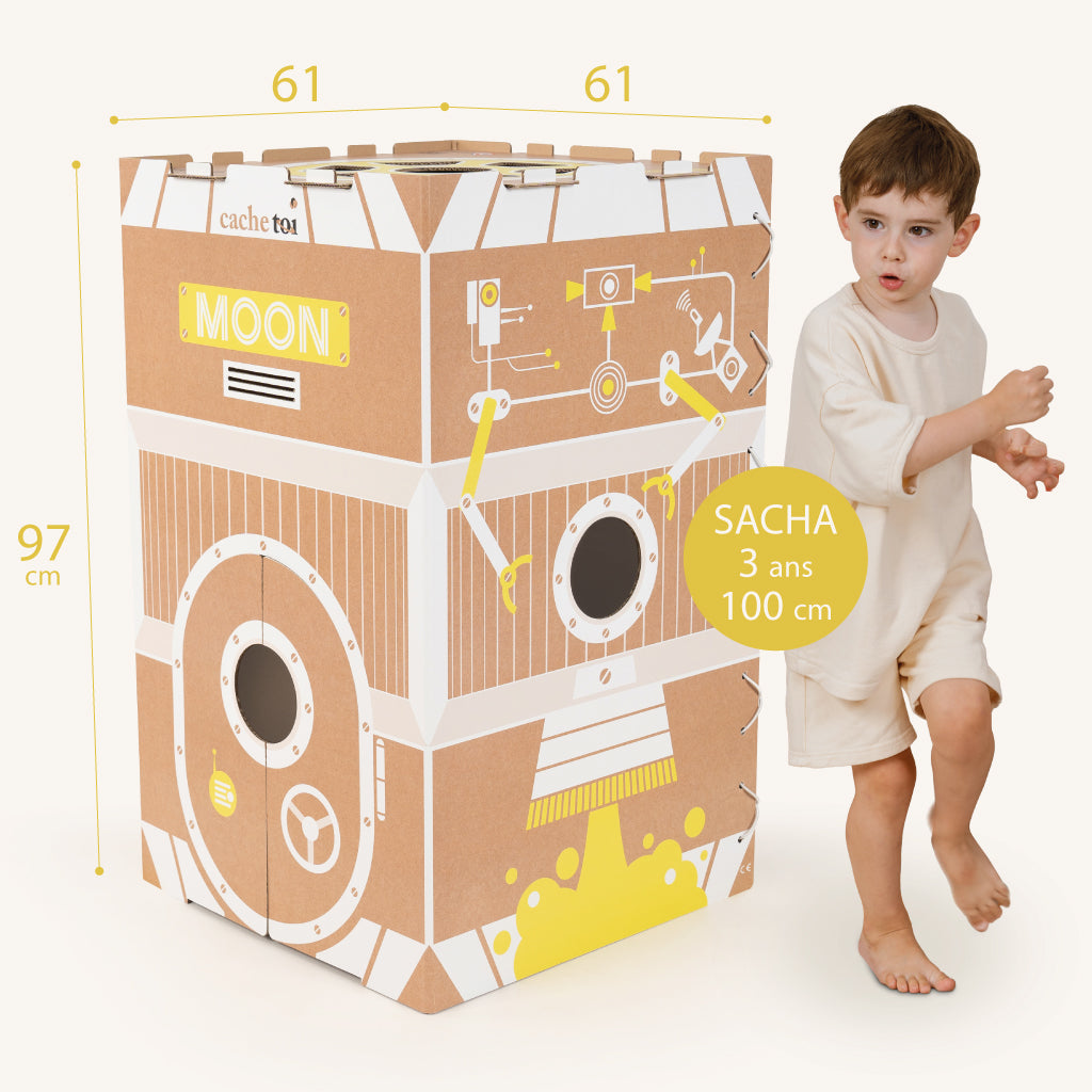 Dimensions de la cabane en carton Moon cache-toi avec enfant de 3 ans (100 cm) en repère d'échelle.